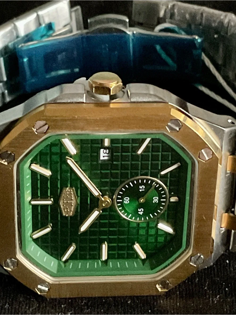 NIB Green and Gold Octagonal Square S/S Heroforce Watch Waffle Dial + Tool